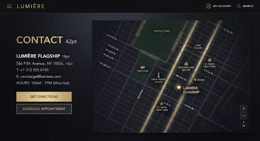 Stylized dark-mode map of Manhattan, New York marking the Lumière flagship location.