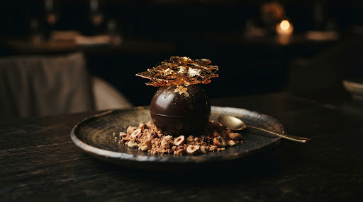 Minimalist dark chocolate sphere dessert on crushed hazelnut with gold leaf.