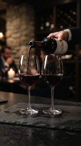 Two crystal glasses of ruby red wine on a dark slate surface with a sommelier pouring.