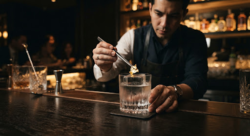 Mixologist crafting a clear cocktail with a large ice cube and gold leaf in a dim bar.