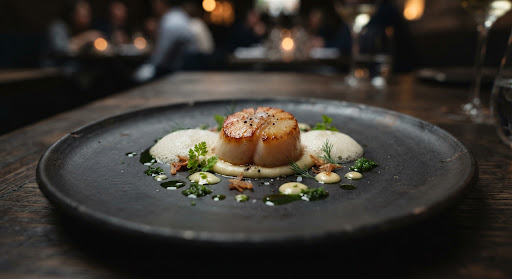 Perfectly seared scallop on a dark charcoal ceramic plate with green herb oil.