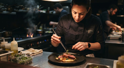 Professional chef placing a micro-green garnish onto a dish with tweezers in a dim kitchen.