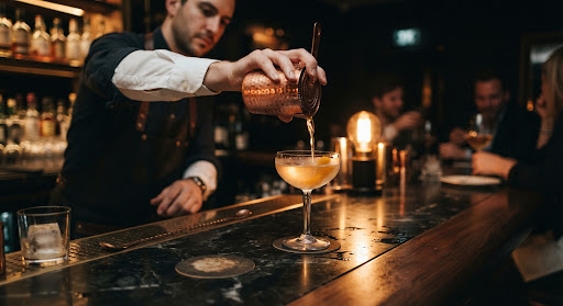 Craft cocktail being poured at a sleek dark stone bar with warm golden light.