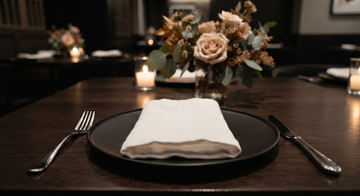 Table setting with white linen napkin on a matte black charger plate and polished silver.