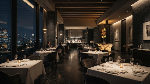 Ultra-luxurious minimalist fine dining restaurant interior with warm ambient lighting and set tables.