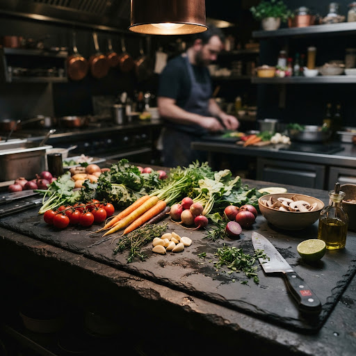 Behind-the-scenes kitchen prep with fresh organic vegetables on a dark slate counter.