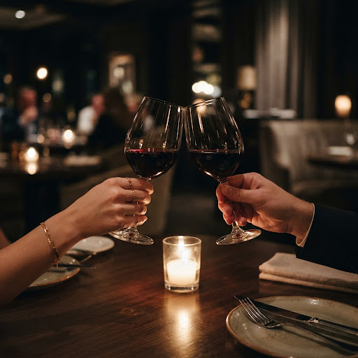 Two glasses of red wine clinking over a candlelit table in a luxury dining setting.