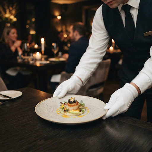 Plated appetizer being served to a table by a waiter in formal attire with white gloves.
